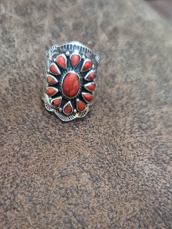 Native American Jewelry - Vintage-Inspired Sterling-Style Red Coral Cluster Ring 6.5